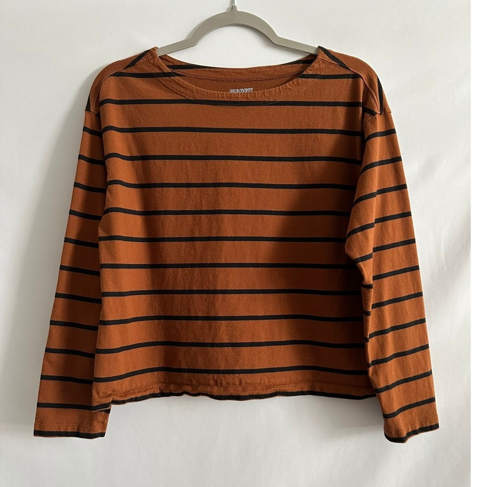 Old Navy Striped Mariner Tee M Brown Long Sleeve Boxy Coastal Preppy Nautical